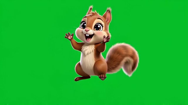 Cute animated squirrel jumping and cheering on a green screen