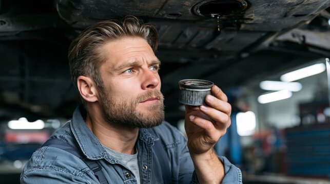 Mechanic holding an oil filter at an oil drain with a wondering expression under a car. Concept of oil service automotive consultation.