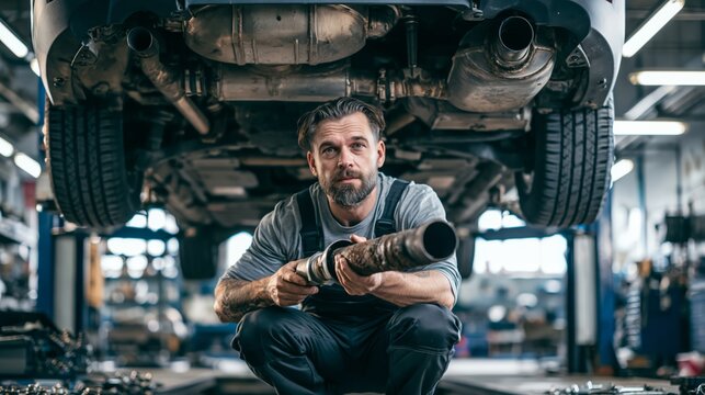 Mechanic crouching at a lifted car examining an exhaust pipe section with a wondering expression. Concept of exhaust system automotive consultation.