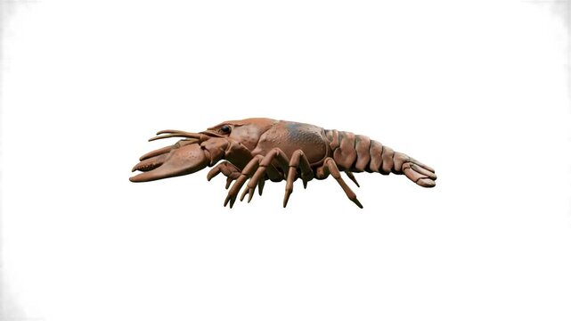 Detailed 3D model of a brown freshwater crayfish or crawfish crawling, isolated on a clean white background. Perfect for seafood restaurant menus, marine biology presentations, fisheries advertising, 