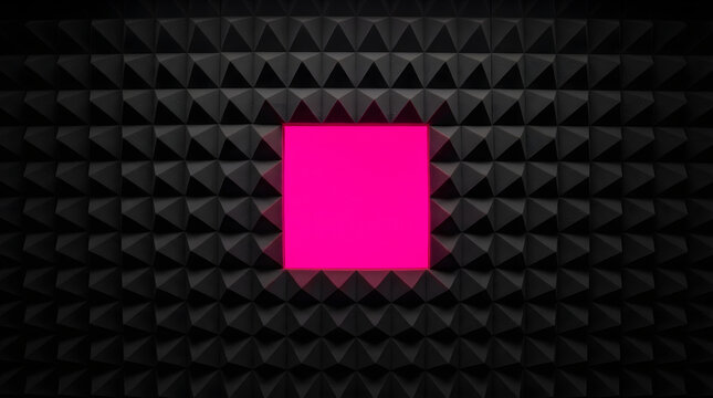 Abstract Digital Background Featuring a Bright Magenta Glowing Square Amidst a Dark Geometric Pyramid Textured Surface