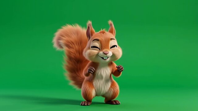 Animated fluffy squirrel jumping with excitement on green screen