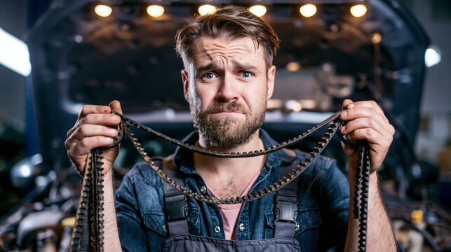 Mechanic holding a timing belt to the light with a wondering expression before an open engine bay. Concept of timing belt automotive consultation.