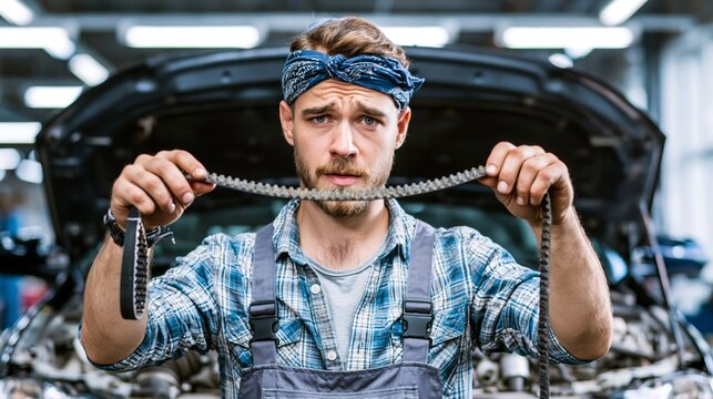 Mechanic holding a timing belt to the light with a wondering expression before an open engine bay. Concept of timing belt automotive consultation.