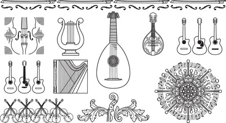 Obraz premium Assorted musical instruments and decorative featuring lutes, harps, guitars, and violins with ornate borders on white background