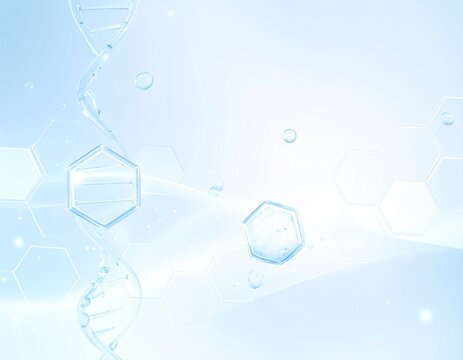 Clear hexagon molecules and DNA on pale blue background, skincare science and biotechnology concept illustration