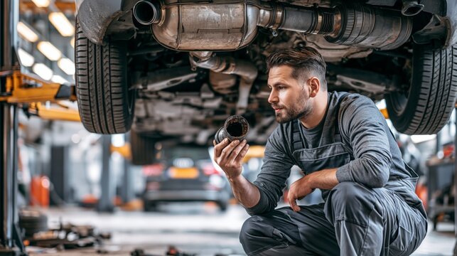 Mechanic crouching at a lifted car examining an exhaust pipe section with a wondering expression. Concept of exhaust system automotive consultation.