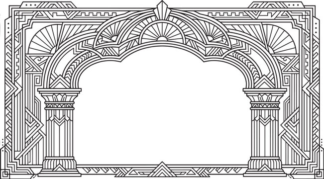 Deco style rectangular frame with geometric pillars and archway, black and white line for invitations and borders