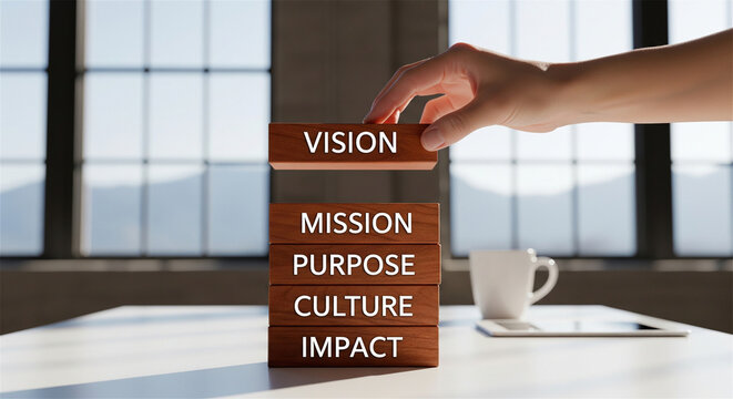 Corporate strategy wooden blocks with vision, mission, purpose, culture and impact. Business core values stack, hand building company foundation concept