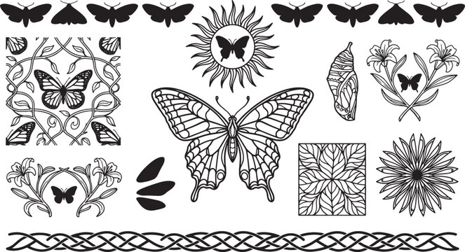 Nature themed collection featuring butterflies, moths, lily flowers, and geometric patterns in black and white for vintage