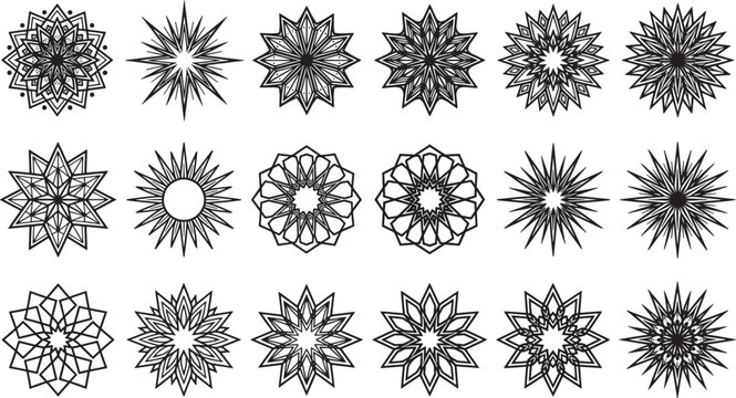 Set of fifteen intricate geometric star and mandala patterns featuring symmetrical lines and shapes on a white background