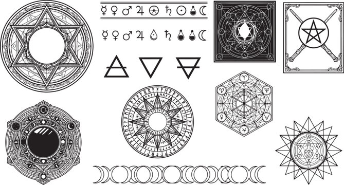 Set of mystical and occult symbols featuring magic circles, planetary signs, geometric patterns, and moon phases on a white background