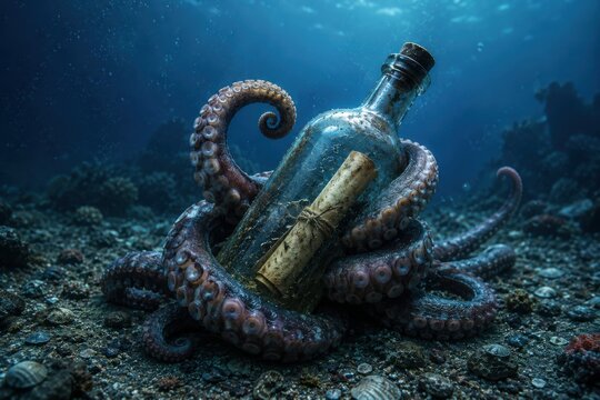 Giant Pacific octopus swimming underwater in coral reef. Marine creature exploring ocean floor with tentacles in deep blue sea.
