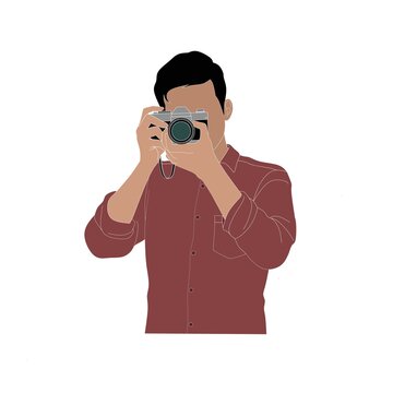 Photographer hold camera design flat vector, photographer chapture object design flat, fotografer hold camera flat illustration, fotographer zoom object with camera flat design icon