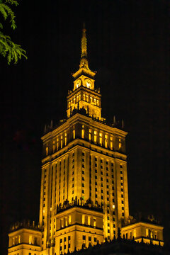 Warsaw, Poland - July 6th 2026: Palace of Culture and Science illuminated at night