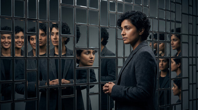 South asian woman reflections identity perception multiplicity fragmented mirror portrait exploring duality and inner self through geometric symmetry and repeated reflections