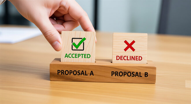 Business proposal decision concept with wooden blocks, hand choosing accepted proposal A over declined proposal B, corporate strategy selection