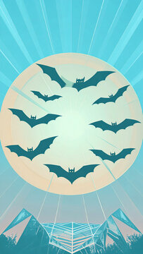 Halloween Wallpaper Bat Minimal Bats Flying in Front of Full Moon Flat Illustration Spooky Night Sky With Mountains Mystery Halloween Concept Graphic
