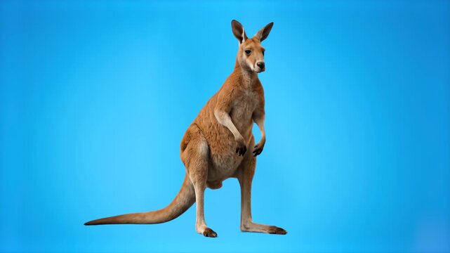 A 3D red kangaroo character standing on two legs against a vibrant blue studio backdrop. Suitable for educational presentations, zoo promotions, and commercial animal designs.