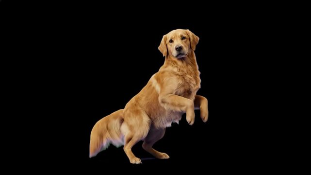 High-contrast 3D model of a friendly Golden Retriever dog rearing up on its hind paws, isolated against a solid pitch-black background. Great for veterinary promos, pet food marketing clips, high-cont