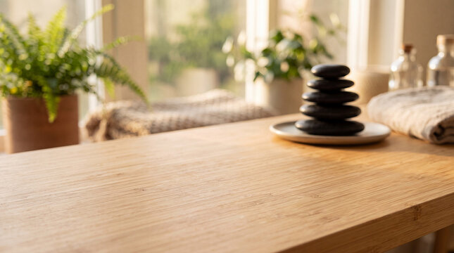 Zen Bamboo Surface with Smooth River Pebbles and Morning Light for Wellness Mockup