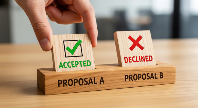 Business proposal selection concept with wooden blocks, hand choosing accepted proposal A over declined proposal B