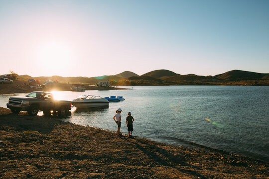 Children Playing Along the Shoreline at Lake Pleasant, Arizona