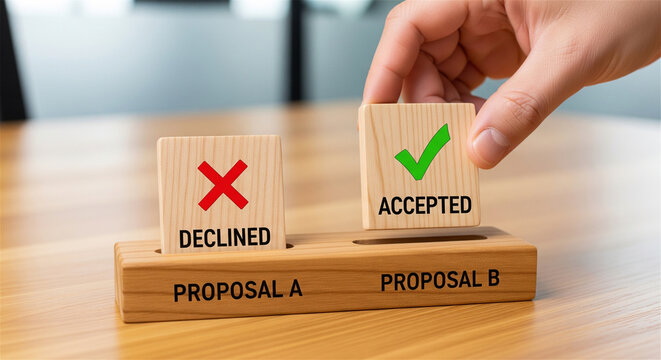 Business proposal selection concept, hand choosing accepted proposal B over declined proposal A, wooden blocks on office desk