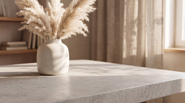 Minimalist Micro-Cement Countertop with Ceramic Vase and Soft Sunlight Shadows