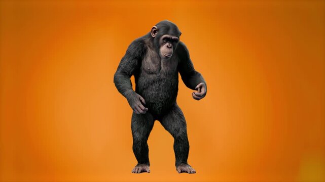 A powerful 3D chimpanzee character standing in a posture on a vibrant orange studio backdrop. Ideal for nature documentaries, wildlife conservation promos, zoo advertising, and creative graphic design