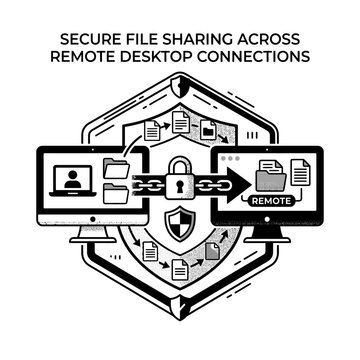 Computers connected via a digital shield demonstrate secure file transfer protocols for remote desktop environments.