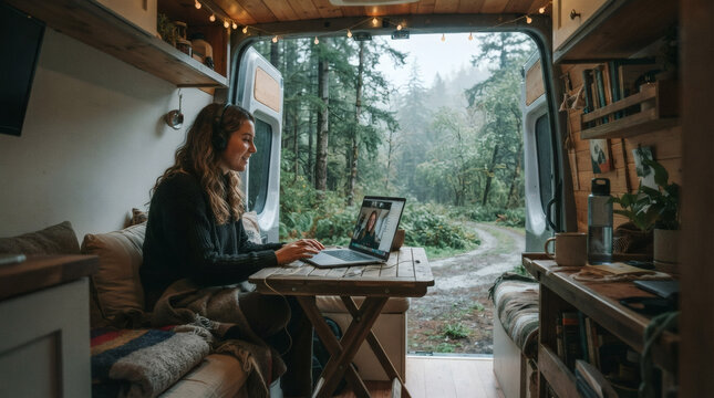 Remote worker on laptop video call inside converted campervan, open back doors revealing forest landscape, small foldable desk with laptop, cushions and blanket, string lights overhead, natural day