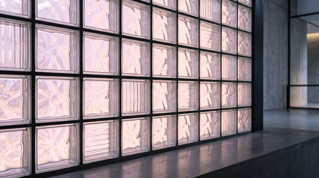 Architectural Glass Brick Wall Grid with Soft Pastel Glow and Copy Space