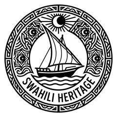 Swahili heritage emblem features a traditional dhow sailing boat centered within a decorative circular frame. © INARA