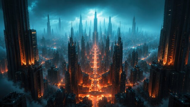 Futuristic cyberpunk cityscape at night with glowing neon lights. Sci-fi urban skyline featuring advanced technology and dystopian atmosphere