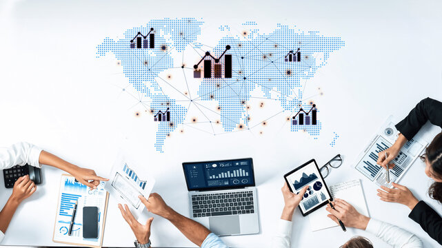 Visualization of global economic growth and stock market data. Financial chart analysis shows international business performance and investment opportunities in the world market. Fermion