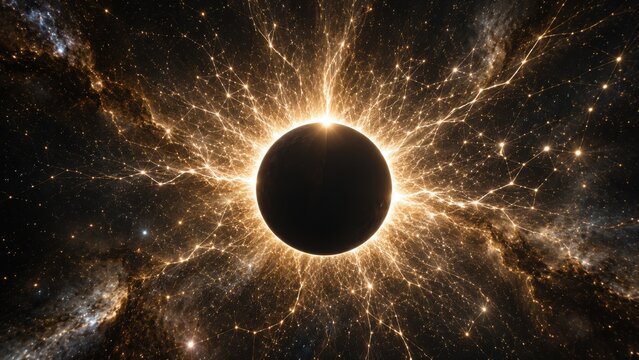Solar eclipse totality with corona light rays. Dramatic cosmic event showing sun moon alignment and celestial darkness