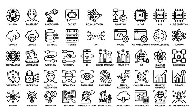 AI Technology Outline Icon Set for Machine Learning and Smart Robotics