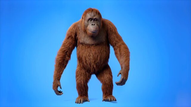A realistic 3D rendered orangutan primate standing upright isolated on a solid blue studio backdrop. Great for wildlife documentaries, zoo promotions, environmental awareness campaigns, and exotic ani
