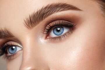 Fototapeta premium Extreme Close-Up of Woman's Blue Eye with Natural Makeup and Well-Groomed Eyebrows