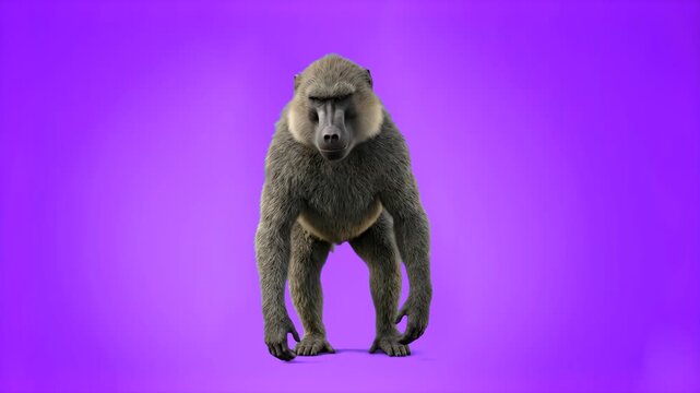 Realistic 3D model of a baboon standing in full view, set against a rich purple gradient background. Ideal for creative wild animal promotions, zoo advertising campaigns, educational nature presentati