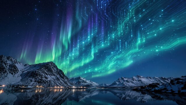Northern lights aurora borealis over snowy mountain landscape. Vibrant green and purple night sky display above winter wilderness with remote cabin.
