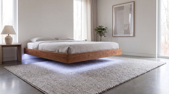 Modern floating wooden bed frame with underglow lighting in minimal bedroom