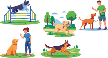 Fototapeta premium Dog Training and Obedience Activities Vector Set with Pets and Professional Handlers