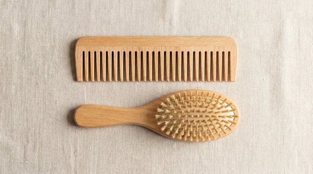 Top View of Natural Wooden Hair Brush and Wide Tooth Comb