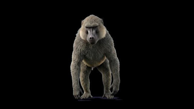 A detailed 3D baboon standing on four legs, facing forward against a solid black background. Suited for dramatic nature videos, wildlife promotional clips, and dark aesthetic overlays.
