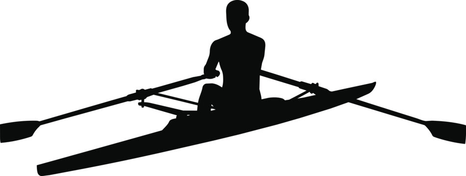 Silhouette of Male Athlete Rowing Single Scull Boat