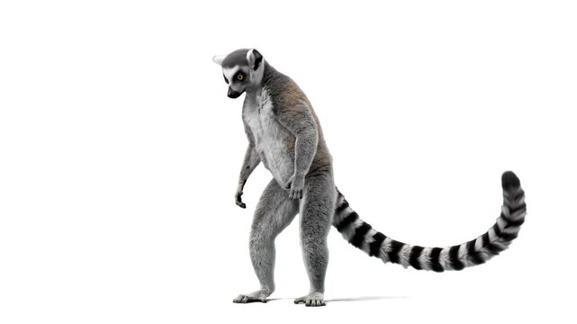 A realistic 3D render of a ring-tailed lemur standing on two legs isolated against a plain white background. Ideal for zoo advertisements, educational wildlife content, and nature designs.