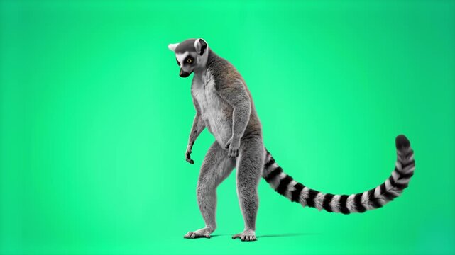 Realistic 3D model of a ring-tailed lemur standing in side profile with its striped tail, isolated on a bright green screen chroma key background. Ideal for Madagascar wildlife videos, nature document
