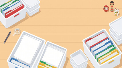 Fototapeta premium Organized office desk with filing boxes, Japanese cultural decorations, and office supplies